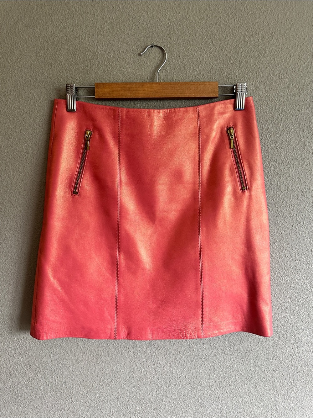Y2K Cache Coral Iridescent Leather Mini Skirt 4